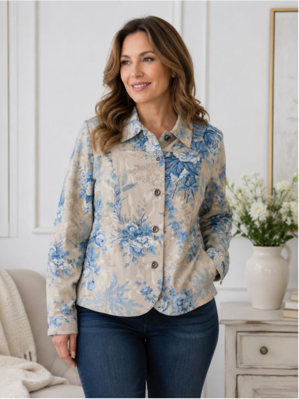 Coldwater Creek Floral Jacket Beige Blue Women’s Size M